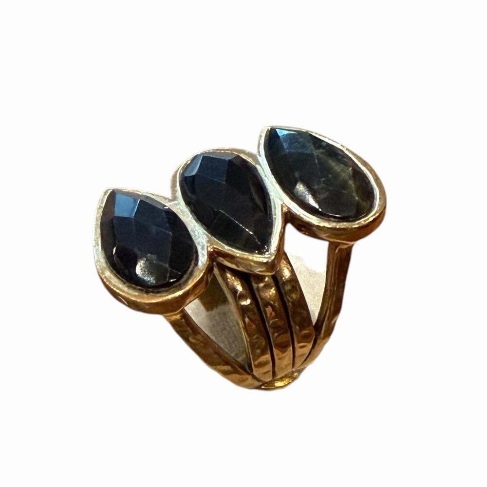 Barse Black Onyx Faceted Teardrop 3-Stone Bronze Ring Size 8 Thailand Vintage